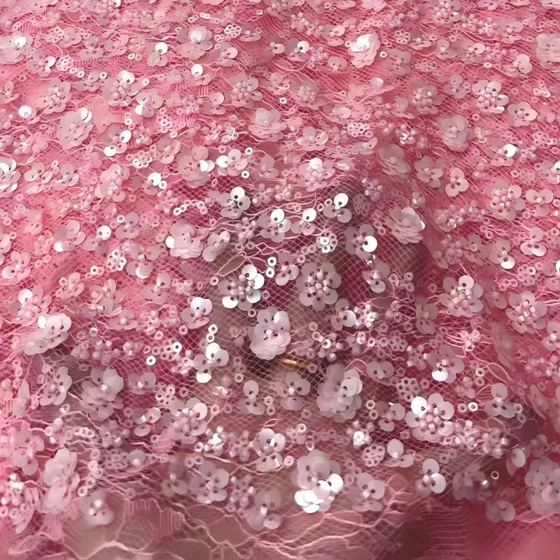 

Latest African Lace Fabric, Luxury French Sequins , Mesh Lace Fabric, High-end Handmade Beaded Tulles for Wedding party dress,
