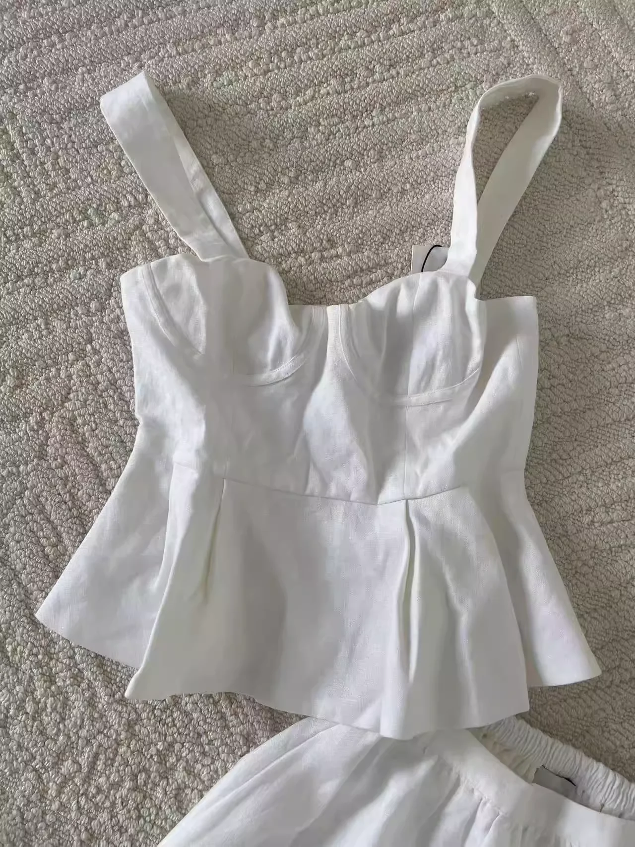 Women White Casual Set Ruffles Edge Elastic Chest Camisole Top + High Waist A-Line Midi Skirt Elegant Linen Suits