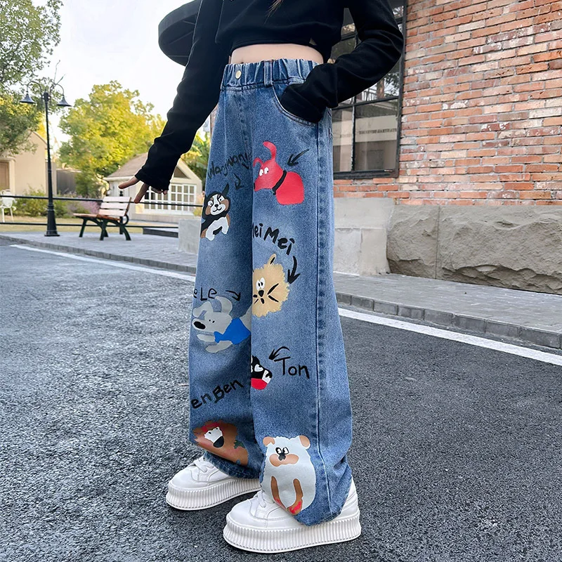 New 2024 Teenage Girls Blue Street Cartoon Print Elastic Mid Waist Loose Denim Jeans Spring Fashion Children Cute Wide Leg Pants