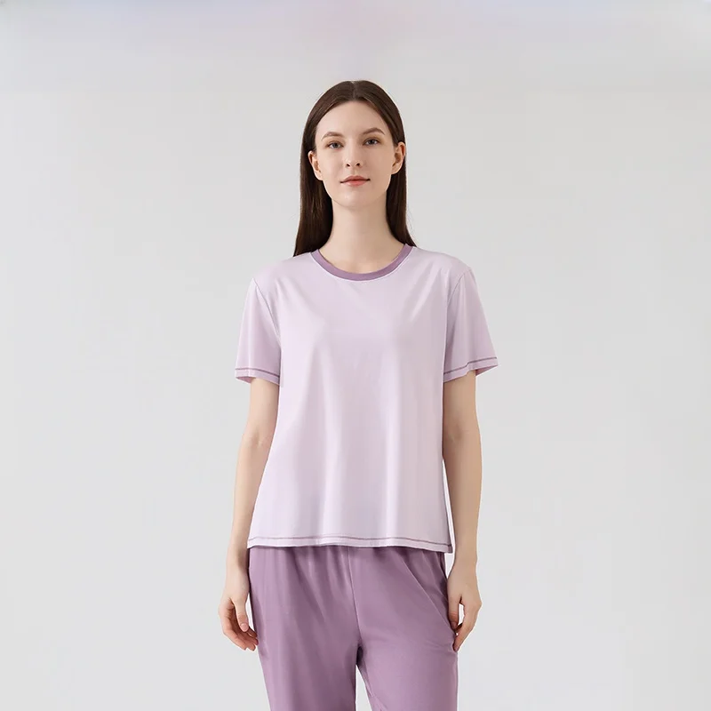 summer-thin-modal-cotton-contrast-color-sleepwear-loose-casual-outdoor-wear-short-sleeve-long-pants-set-for-women-home-clothes