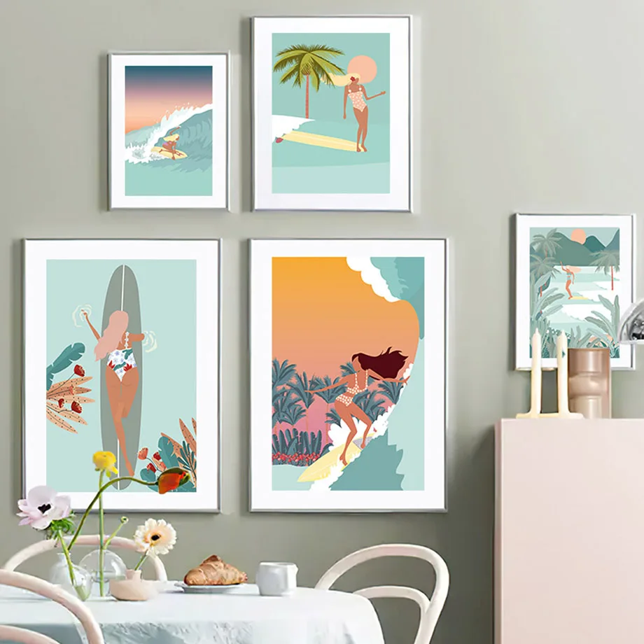 Tropical Hawaii Girl Surf Coconut Tree Travel Nordic Wall Art Posters and Prints White Kraft Paper for Bedroom Home Decor