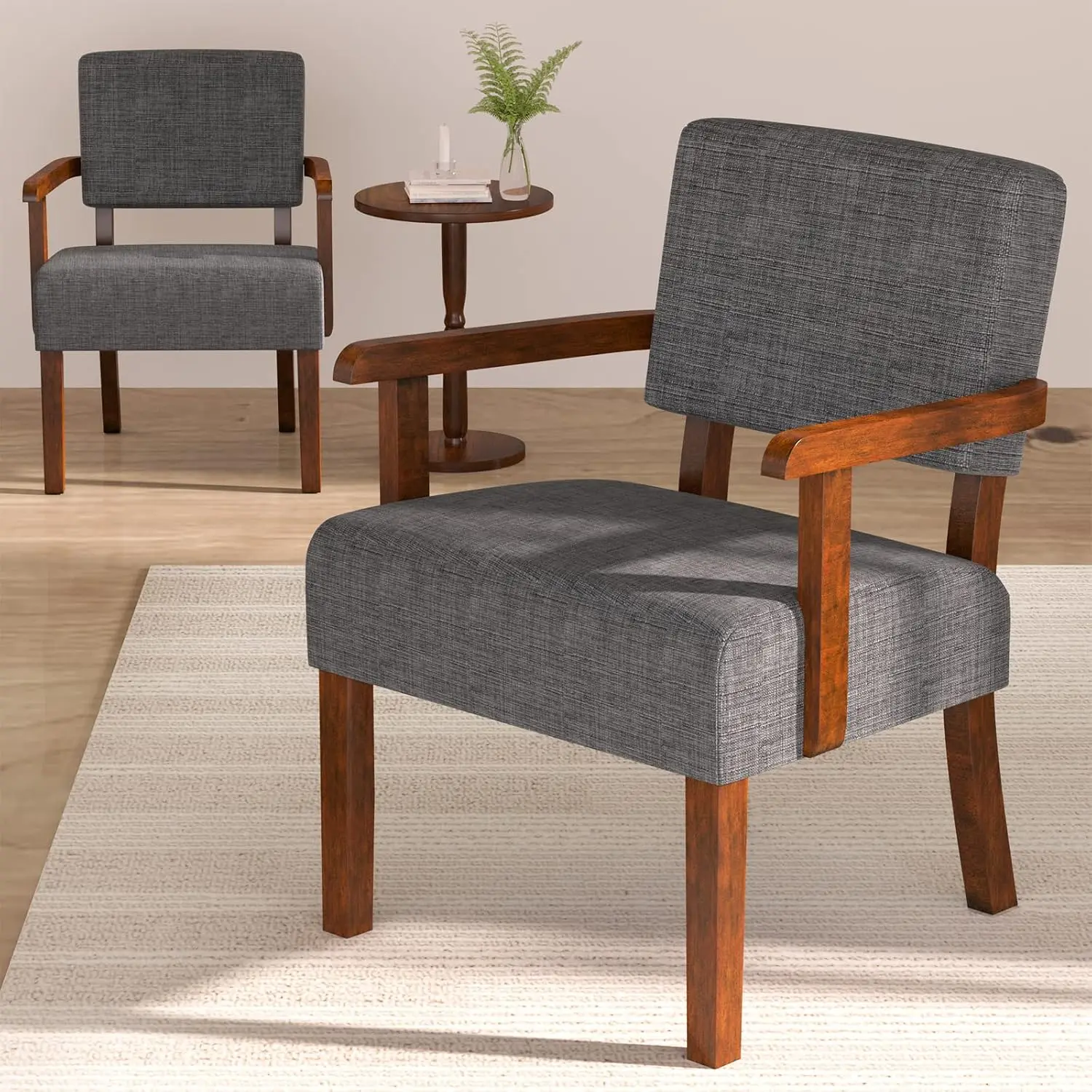 Accent Chairs Set of 2, 2 Solid Wood Armchairs with Side Table