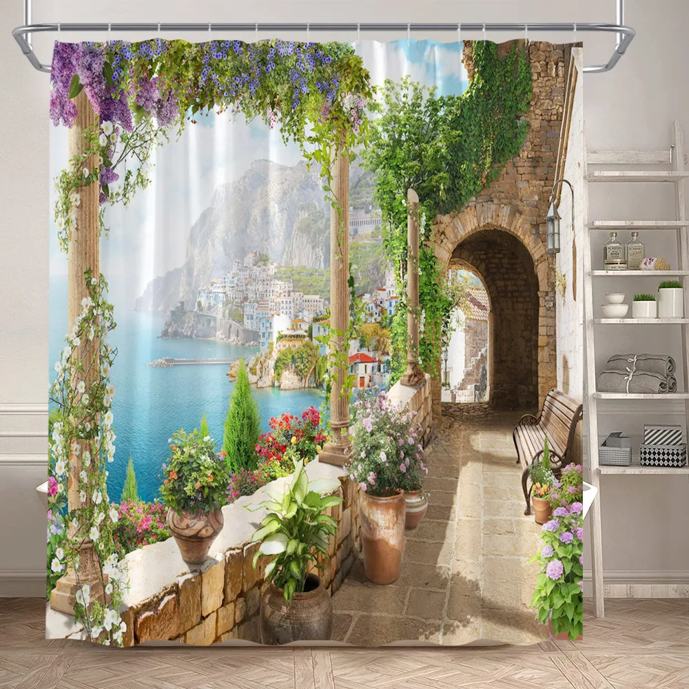 Island Landscape Shower Curtain Ocean Seaside Flower Plant Vintage Window Nature Scene Polyester Cloth Bathroom Decor With Hooks