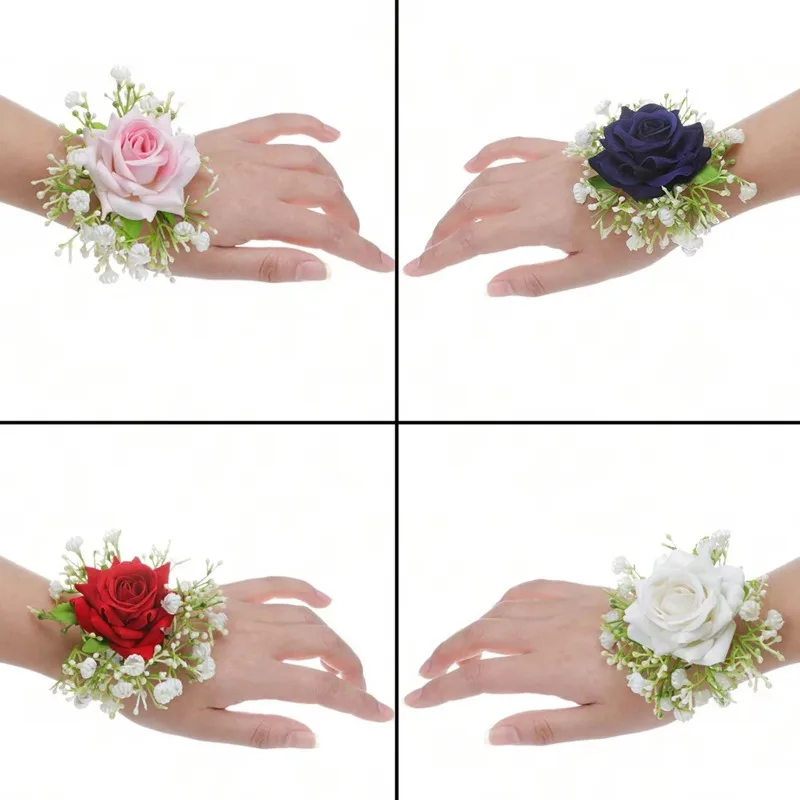 1pc rosa pulso corsages para casamento corsages para baile de formatura babysbreath baile flor pérola pulseira