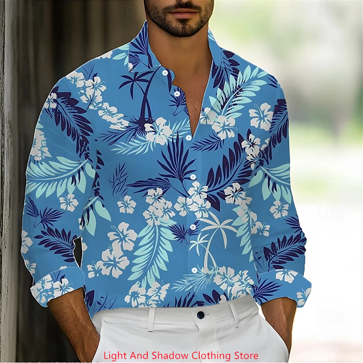 Men's Tropical Plant Palm Tree Pattern Printed Shirt Fashion Hawaiian Style Long Sleeve Collar Shirt Street Comfort Shirt