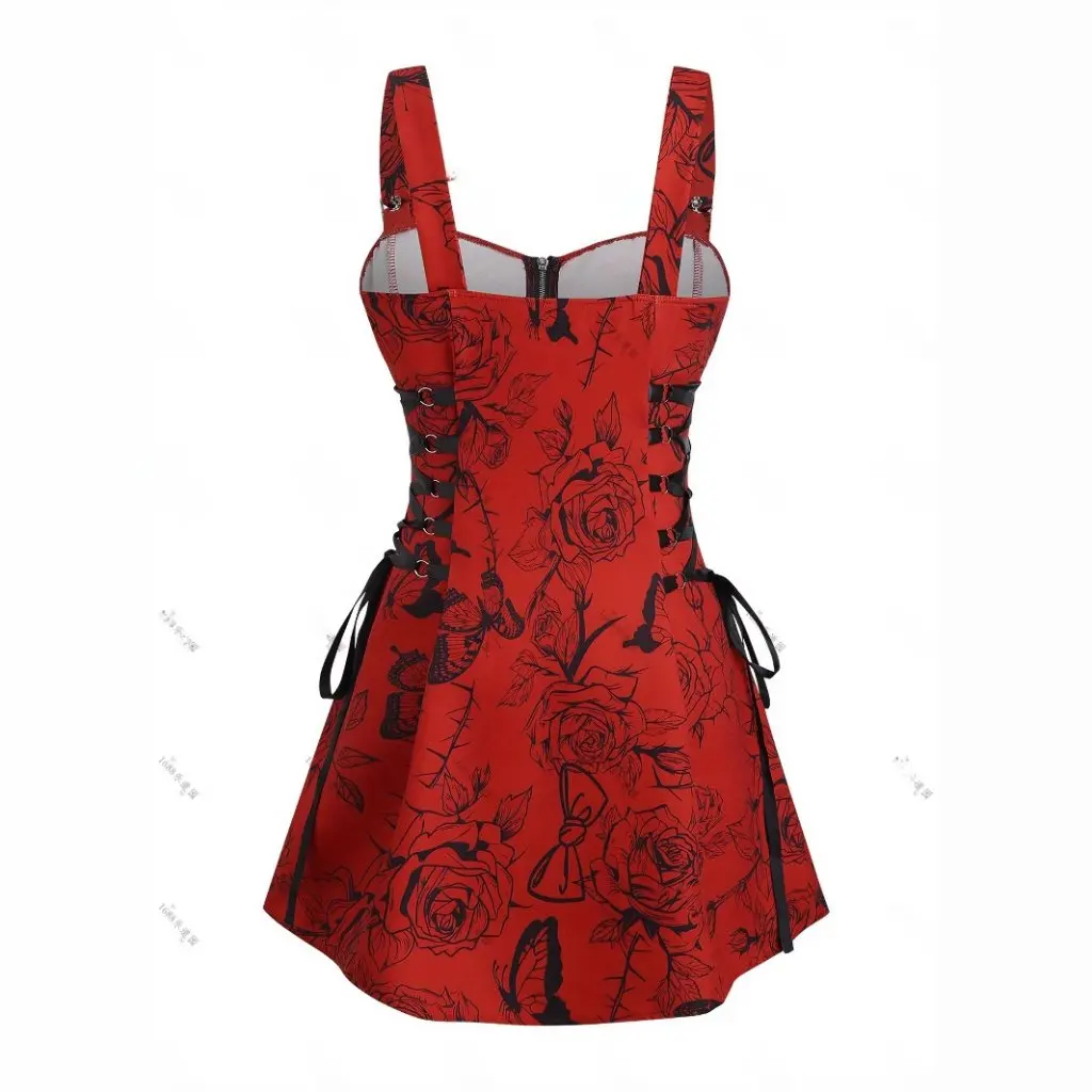 plus Size Women's Slimming Dress with Shoulder Straps Full Print Skull Pattern European American Trendy Zipper Detail