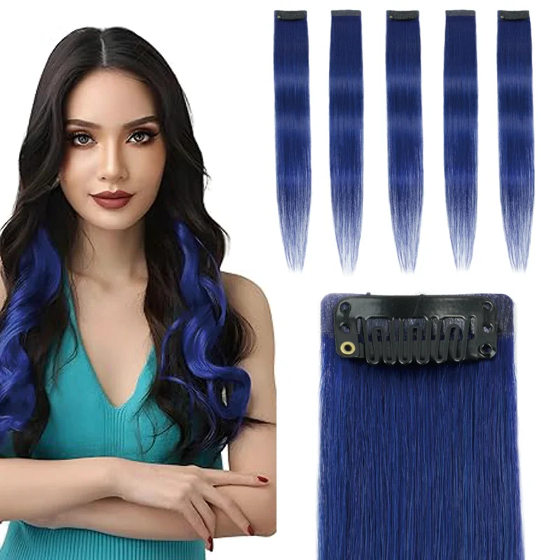 Easy Clip in Style Natural Human Hair Extensions Blue Rainbow Highlight 16 Inch Women Kids 1-6-12 Pieces Option Elegant Style