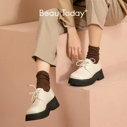 BeauToday Platform Shoes Women Genuine Cow Leather Square Toe Lace Up Closure Thick Sole Ladies Derby Dress Shoes Handmade 21840