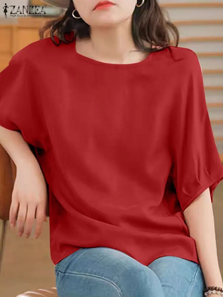 ZANZEA-Camisa de manga con hombros descubiertos para mujer, blusa informal coreana, cuello redondo, Tops sueltos, túnicas simples sólidas, 2024