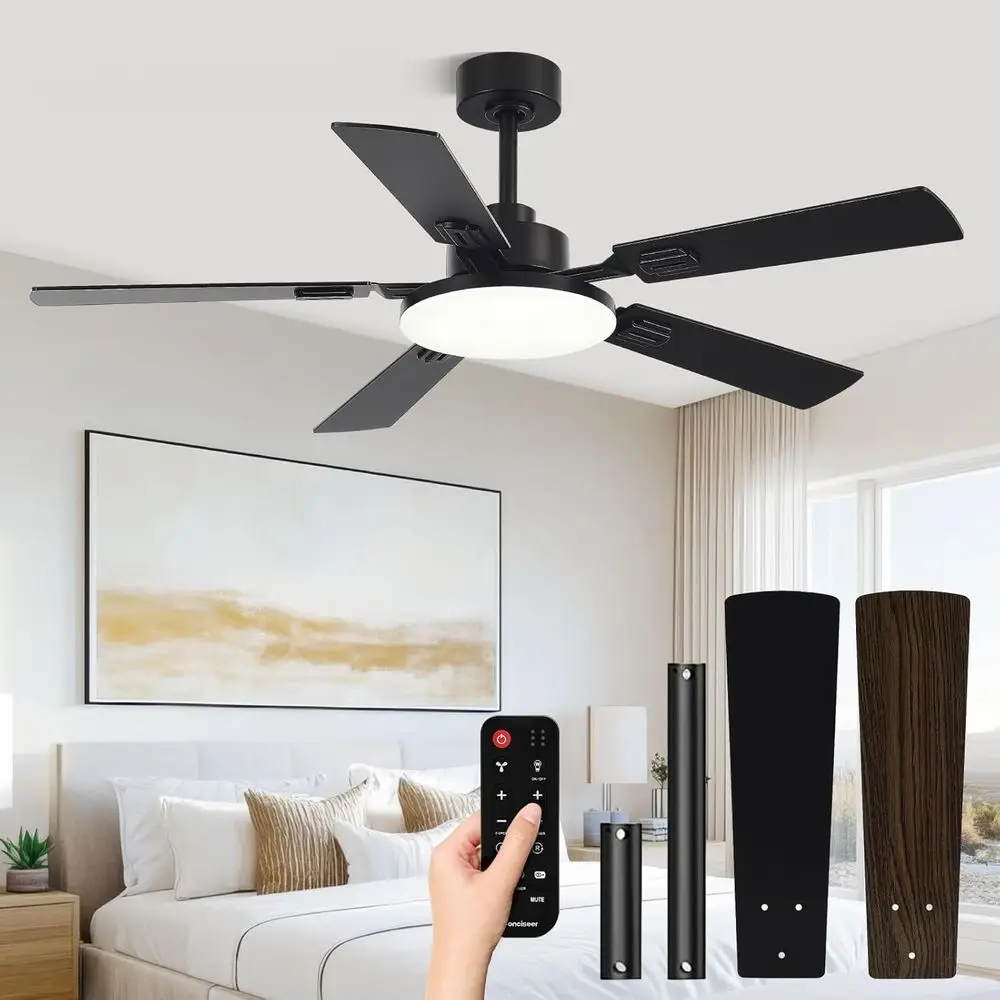 

52 Ceiling Fan with Lights, Remote, 5-Blade, 6-Speed, DC Motor, Dimmable, Indoor/Outdoor, Black/Wood Grain