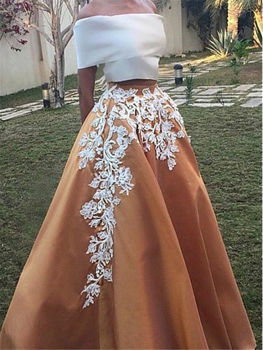 Traje de 2 piezas con hombros descubiertos, satén, Dubái, Arabia Saudita, vestidos de noche con apliques, tafetán, baile de graduación, vestidos formales