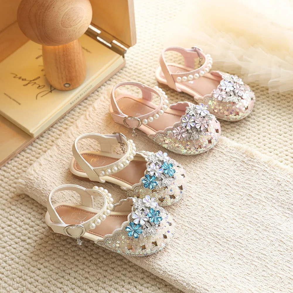 

Toddler Girls Slingback Princess Sandals Glitter Sequin Rhinestone Flower Pearl Ankle Strap Buckle Non-Slip Summer Wedding Shoes