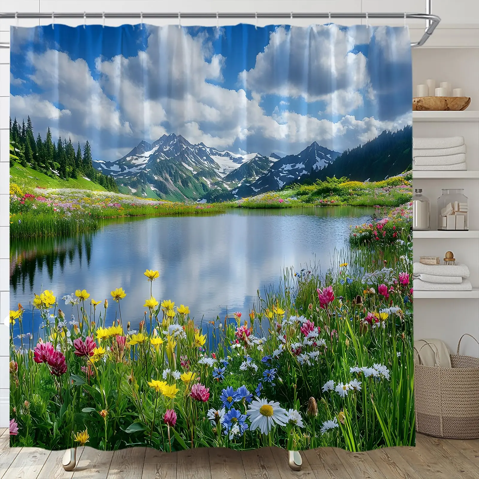 Mountain Shower Curtain Lake Rustic Scenery Bathroom Curtain High-Definition Nature Landscape Shower Curtain with Hooks