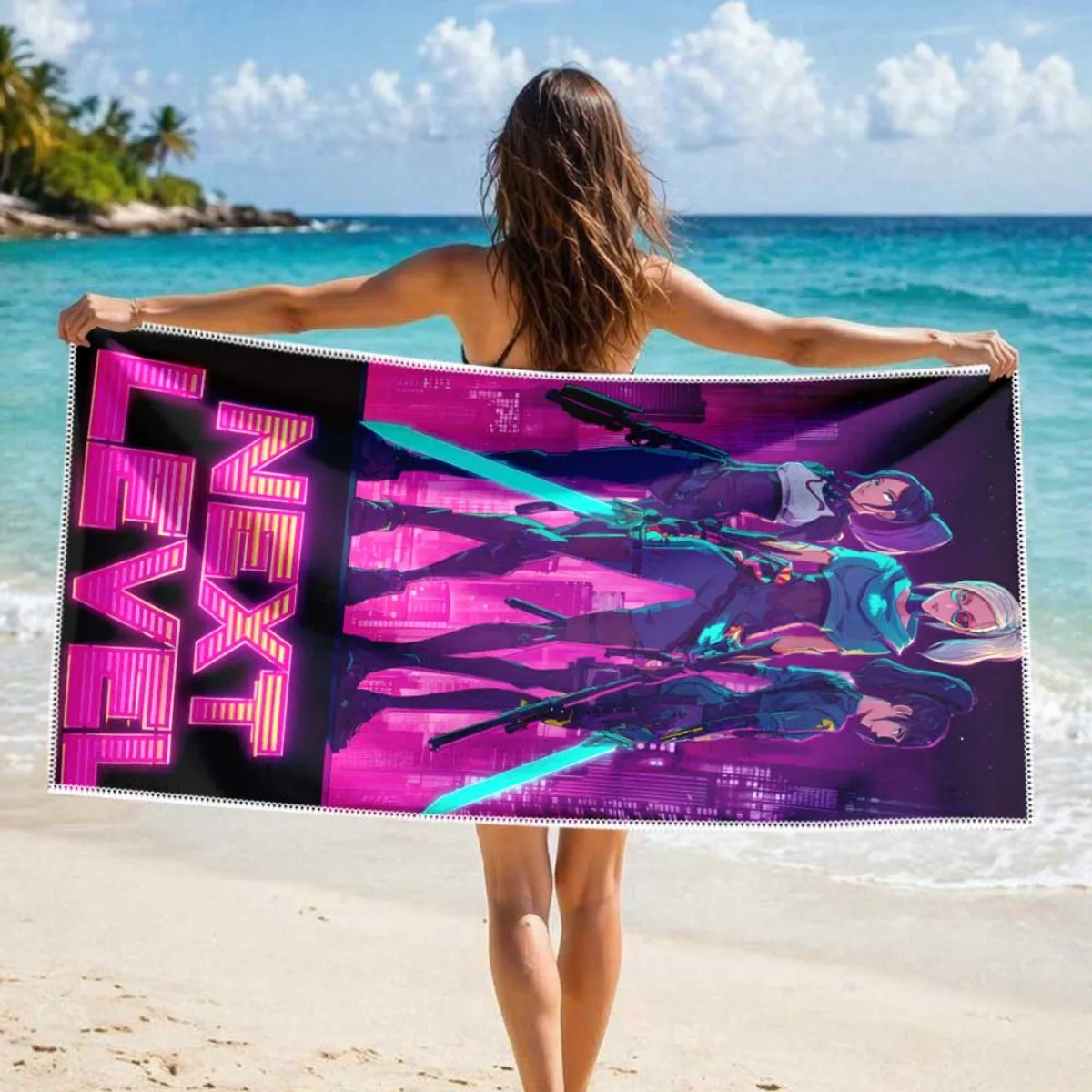 1PC Kpop Girls Beach Towel Microfiber Quick Dry Sand‑Proof Bath Towel Neon Futuristic Sci‑Fi Fan Merch Beach Pool Gift for Youth
