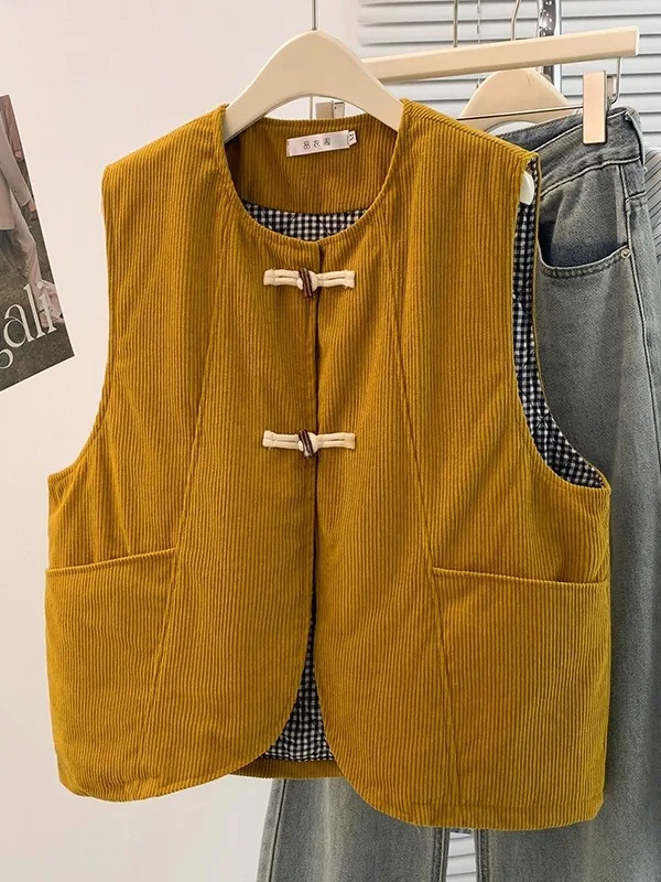 

Ретро-жилет из вельвета для женщин, осенне-зимний, с эффектом омоложения, на пуговицах, из хлопка, короткая верхняя одежда, топ