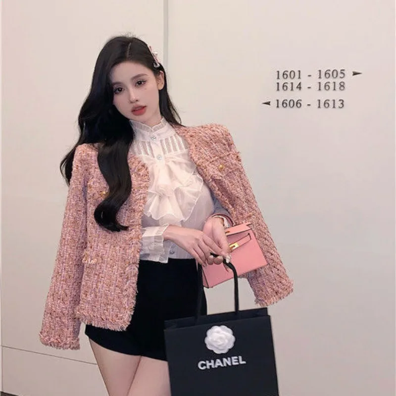 

New Autumn Winter Vintage Pink Tweed Weave Jacket Coat Women Small Fragrance Korean Tassel Woollen Coats Elegant Outerwear