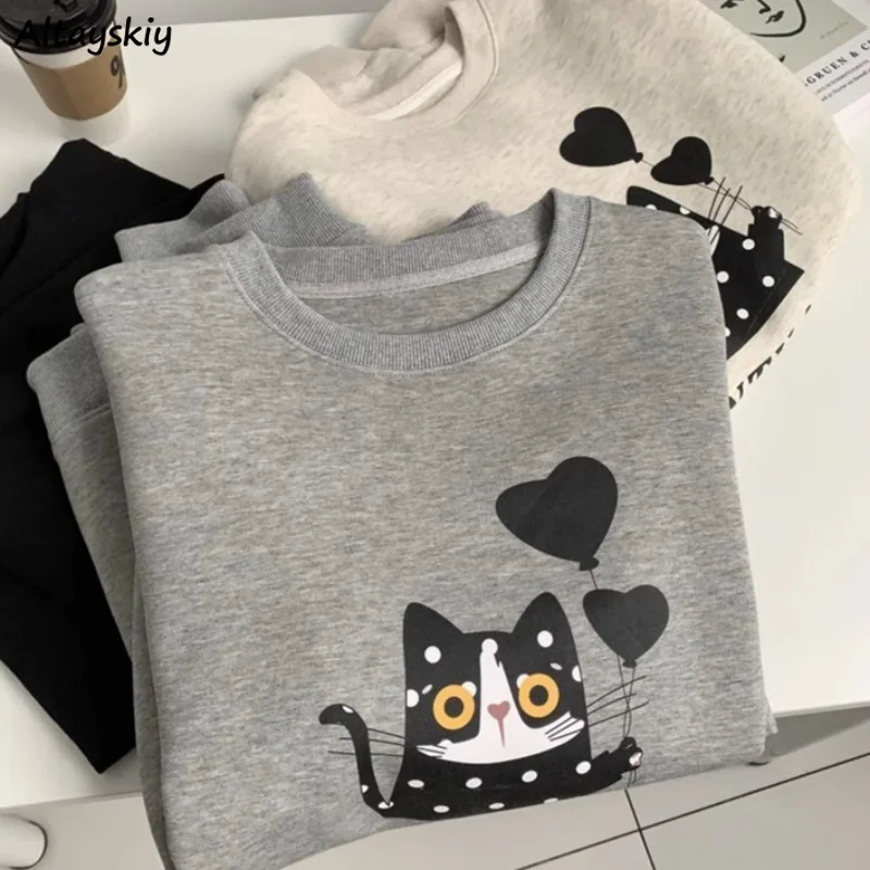 Cute Printed Hoodies for Women No Hat O-neck Ins Simple College Young Girls Spring Autumn Tops Warm Long Sleeve Lovely Ulzzang