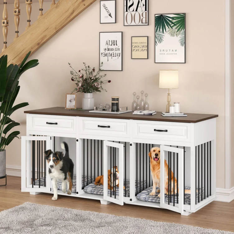 White Wood Big Pet Cages Kennels Extra Large Dog Crate Furniture with 3 Doors Drawers