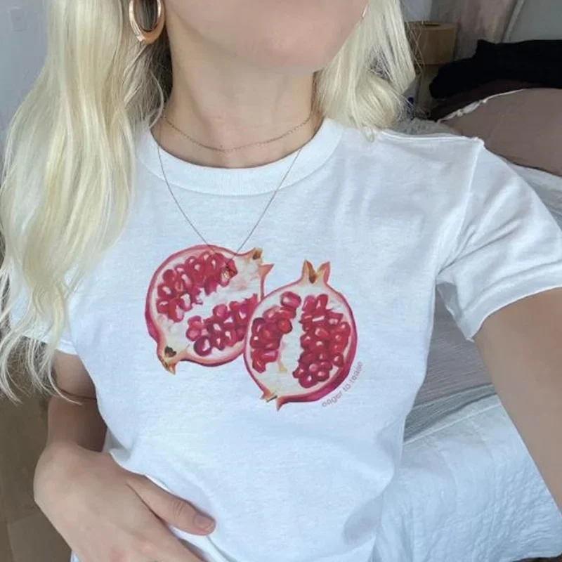 Camiseta de bebé y2k para mujer, Top corto con gráfico de frutas, camiseta de manga corta con cuello redondo, ropa estética de los años 2000, ropa de calle bonita