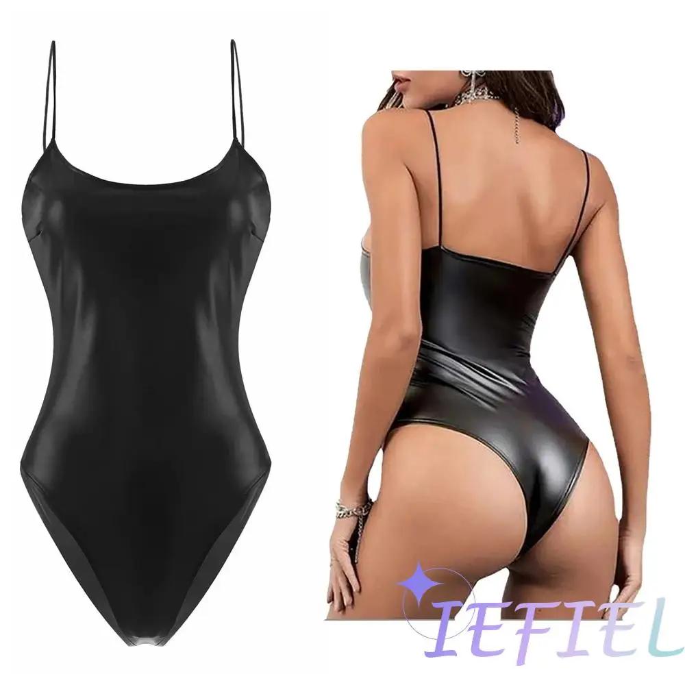 Womens Sexy Leather Mini Bodycon Dress One-Piece Bodysuit Nightclub Pole Dancing Performance Costume Camisole Short Catsuit