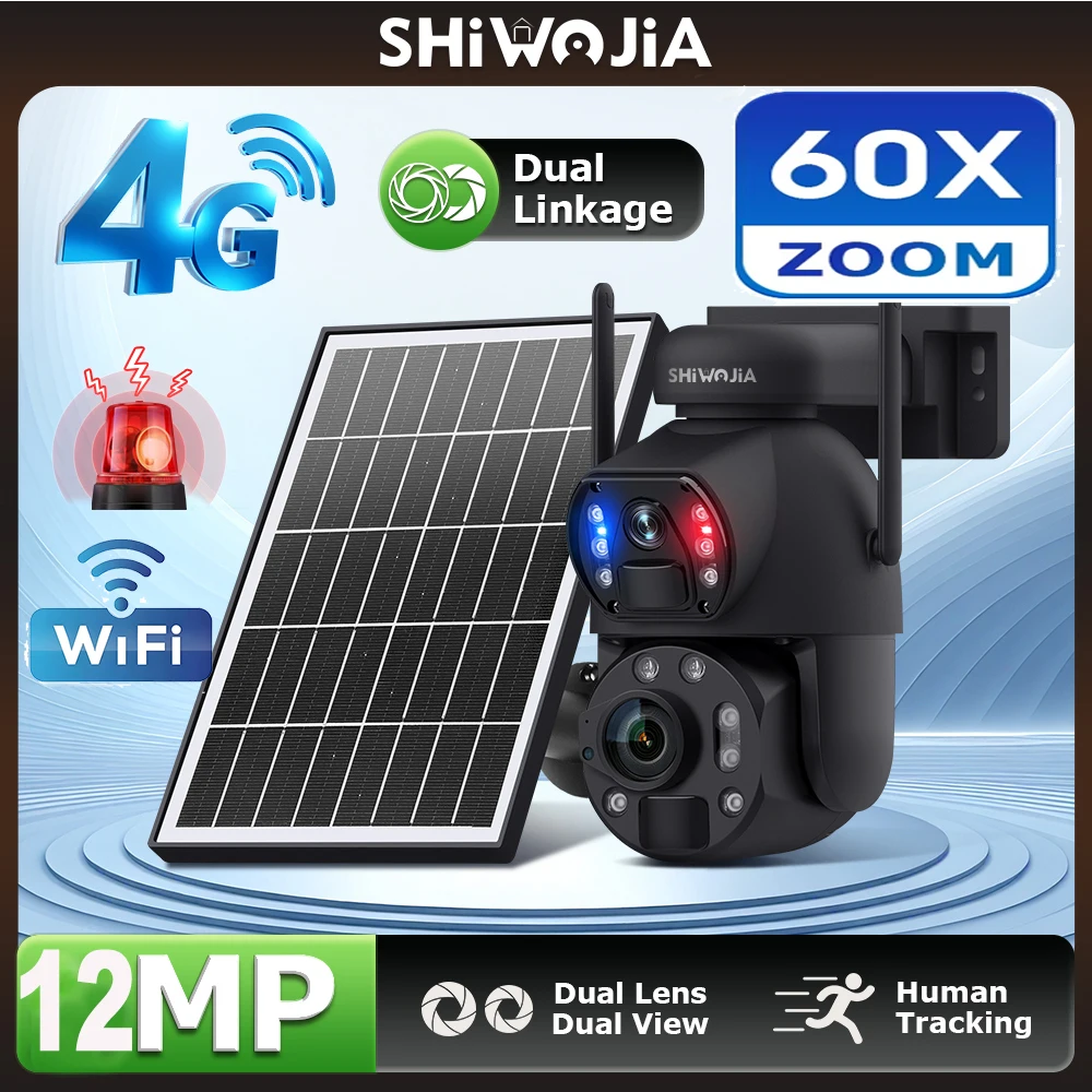 SHIWOJIA 60X ZOOM Solar Powered Camera 4G SIM 12MP 360 WIFI Solar Security Battery PTZ Camera Night Vision Dual-Lens Outdoor PIR
