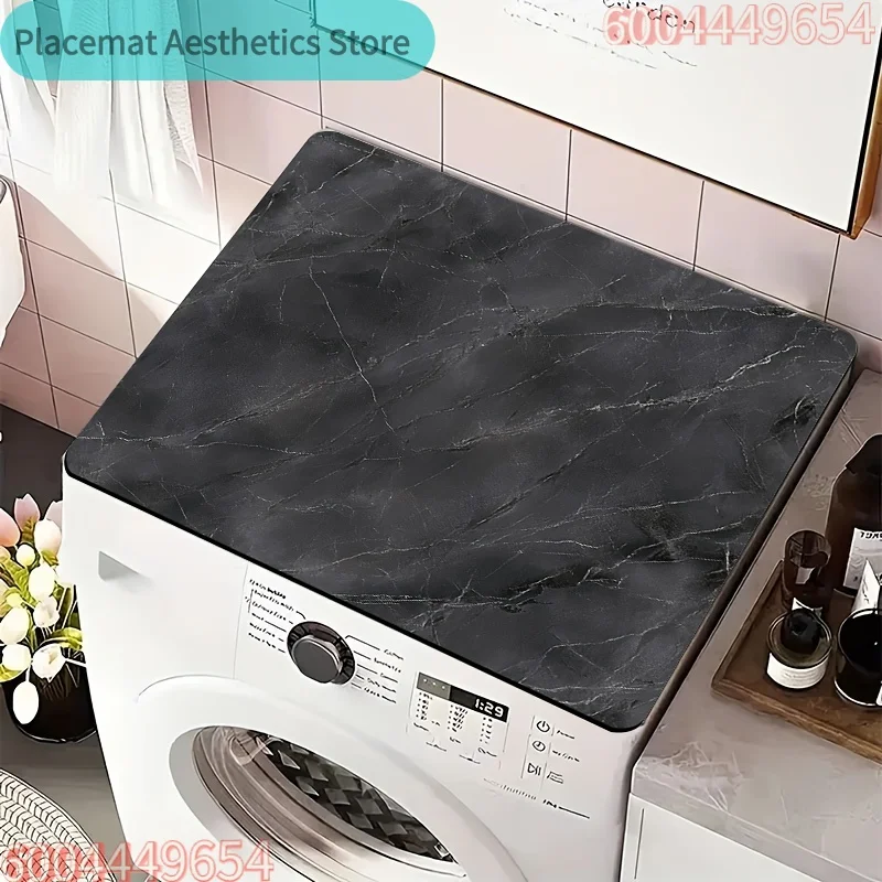 Washing Machine Dust Cover Mat & Dish Drying Mat - Black & White Marble Pattern, Durable Polyester Protective Mat for Kitchen,
