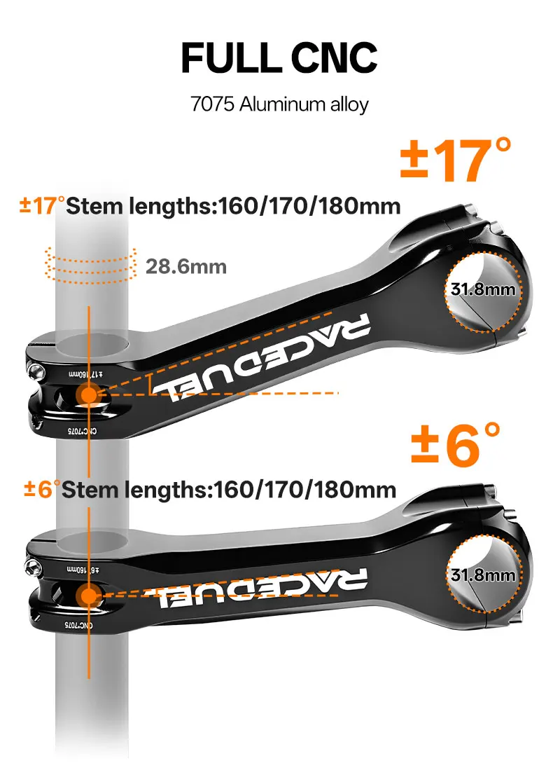 RACEDUEL Langer Fahrradvorbau aus 7075 Aluminium CNC-gefertigt, 6/17 Grad Mountainbike- und Rennrad-Vorbauten 160/170/180mm für TT Triathlon – Detail 3