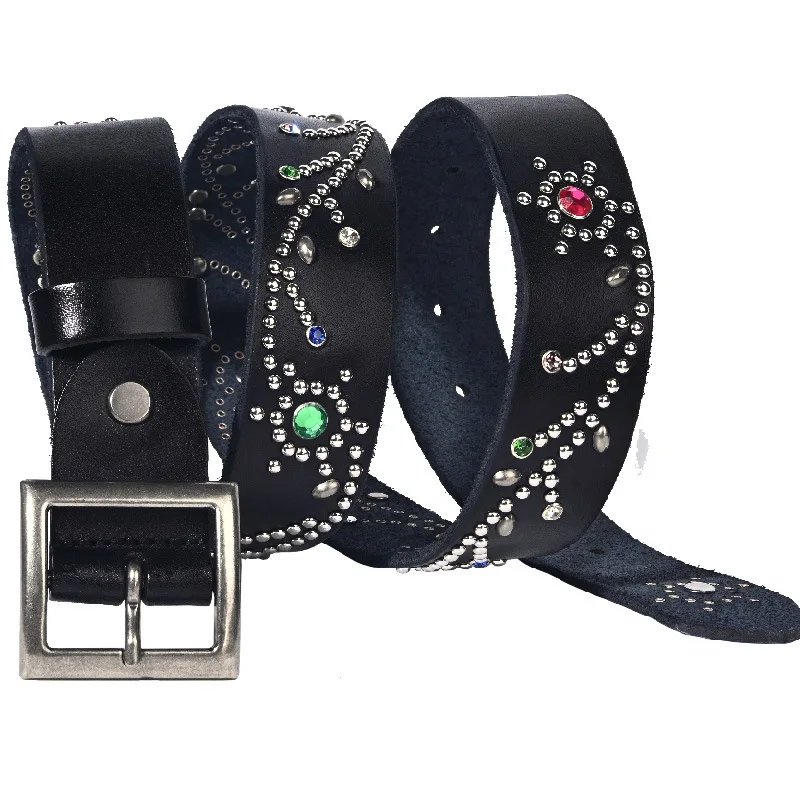 Amikaji Handsome Personality Flower Rivet Men's Genuine Leather Belts Neutral Diamond Studded Punk Style Heavy Industry Belt