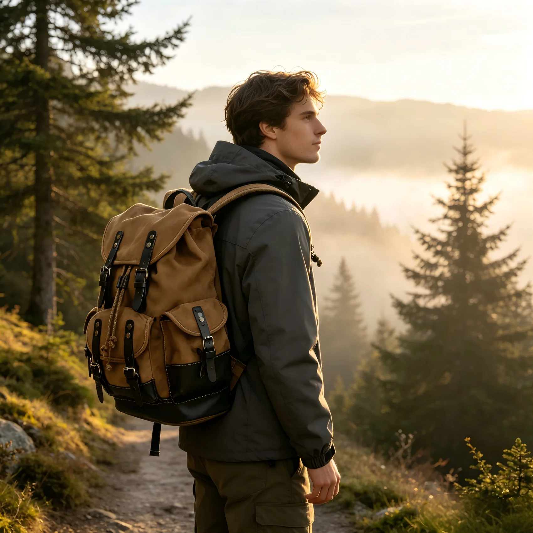 Vintage Canvas & Leather Backpack, Large Capacity Drawstring Rucksack for Hiking, Travel & Daily Use Backpack