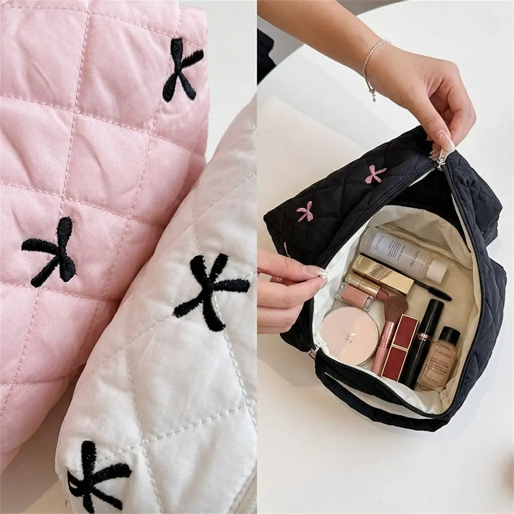 Quilted Bow Cosmetic Bag Nylon Zipper Pouch Cute Embroidered Makeup Organizer Portable Aesthetic Toiletry Case Travel Pack