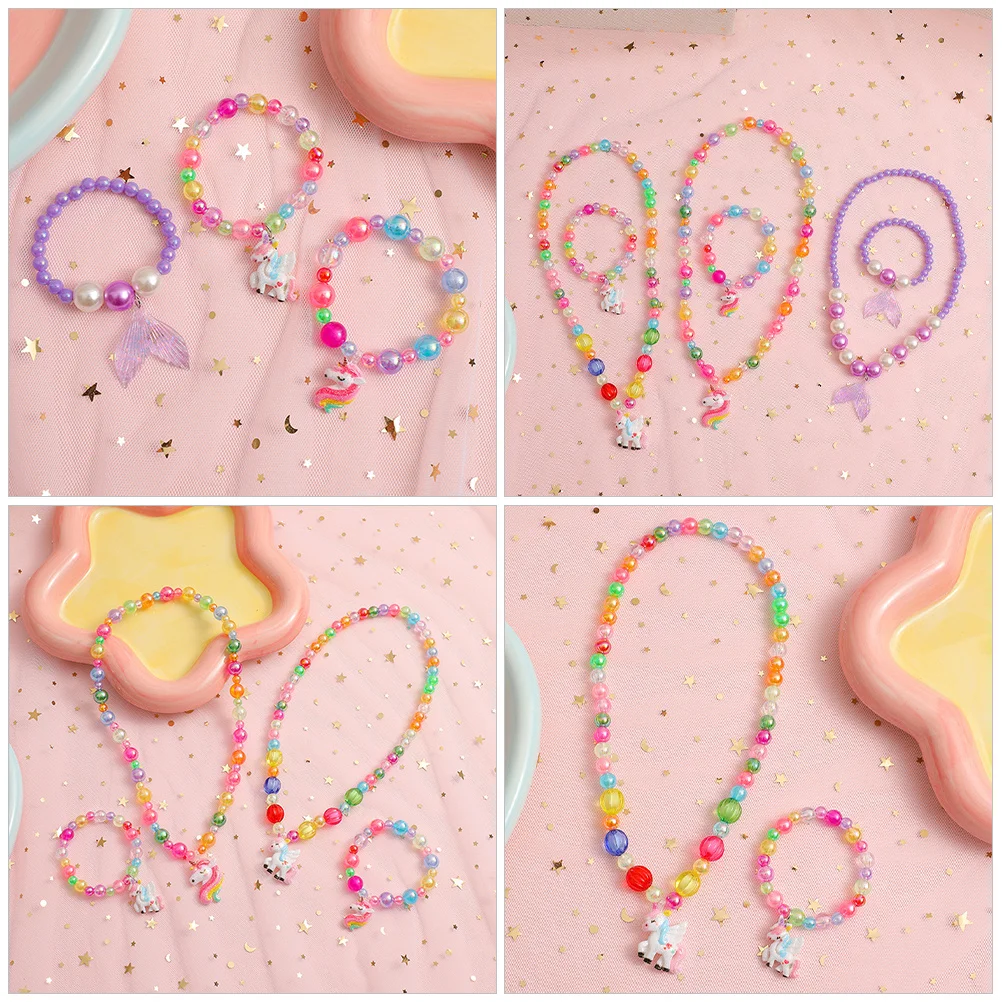 3Sets Children's Beaded Jewelry Set Resin Necklace Bracelet Cute Charm Design Kids Birthday Party Dress Up Accessories