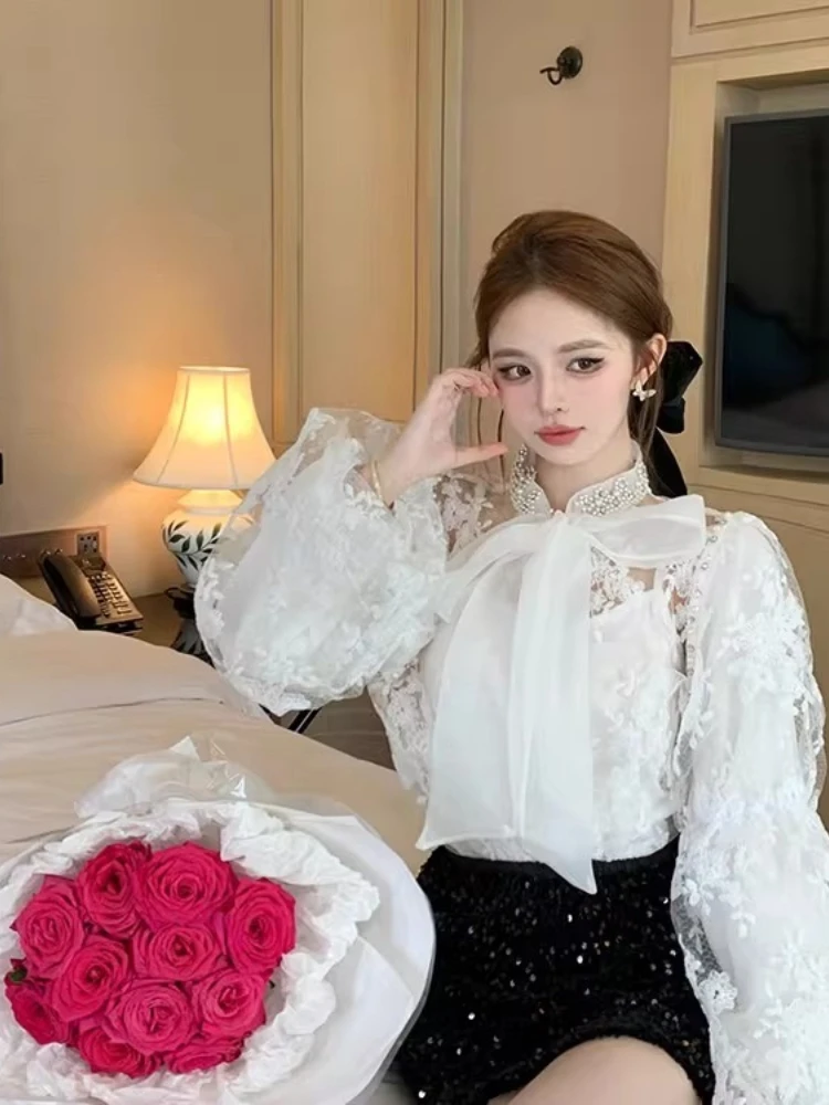 Women Lace Top 2026New Rhinestone Bead Big Bow Tie Tied Bubble Sleeve Blouse Elegant Mesh Embroidered Hollow Two-Piece Shirt Set