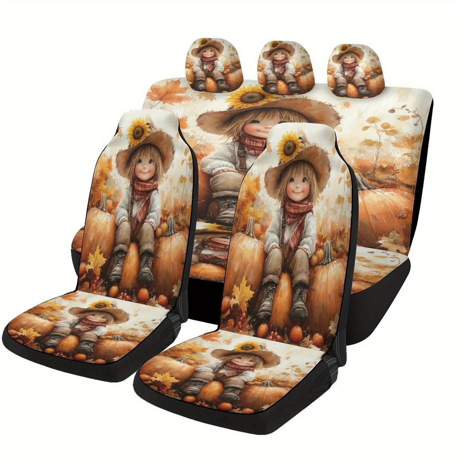 Set Of Car Seat Covers Featuring An Autumn Harvest Design, Suitable For A Variety Of Vehicles. These High-Quality, Comfortable P