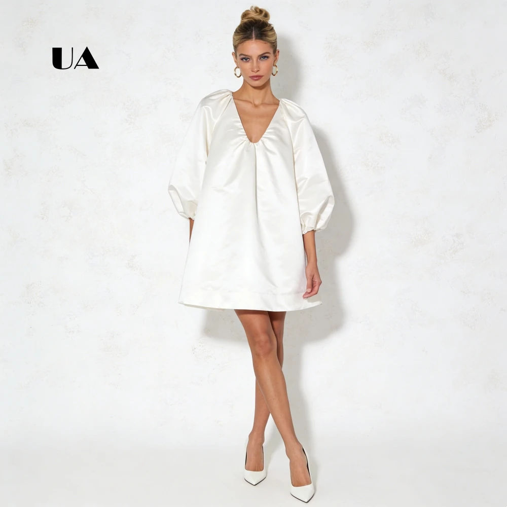 ULBYANRY  Satin Loose Mini Dress with Bubble Sleeves, Solid Gathered Scoop Neck Evening Dress, Simple Customized Party Gown