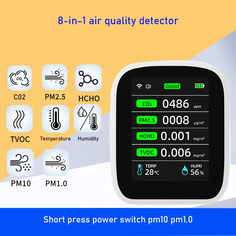 

Интеллектуальный детектор качества воздуха Tuya 8 в 1, детектор температуры и влажности с монитором диоксида углерода, регулировка яркости