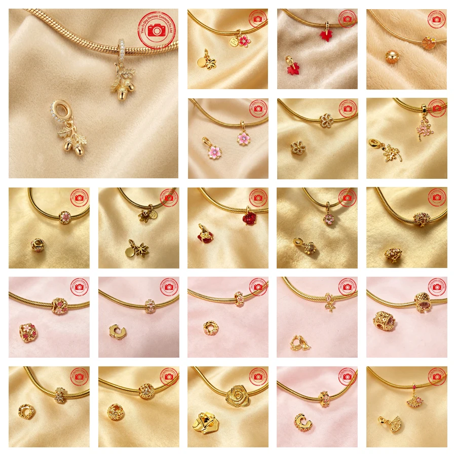 Gold Plated Flowers Charm DIY Pink Jewelry Gift Cherry Blossom Daisy Flower Lemon Family Tree Beads Fit Original Snake Bracelets