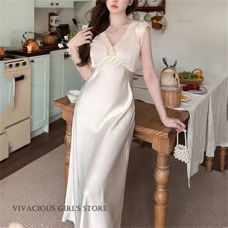 

Новая весенняя женская длинная ночная сорочка, сексуальная ночнушка с глубоким V-образным вырезом и кружевом, домашняя одежда, свободная шелковая атласная пижама, нижнее белье