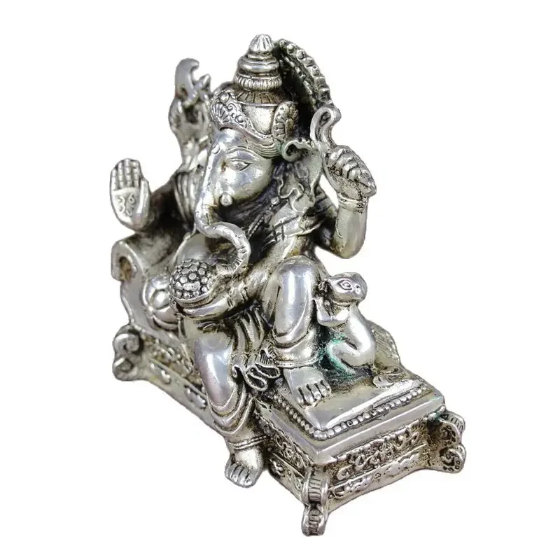 China Old Feng Shui Ornaments White Copper Silver Plating Four Hand Elephant God Of Wealth Statue