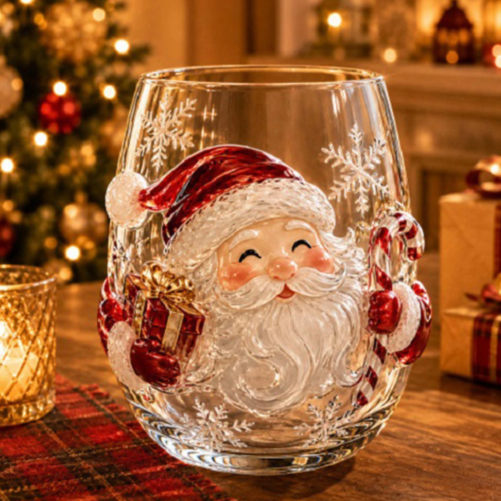 Elegant Christmas Glass Art Cup Stemless Drinking Glasses with Santa Reindeer Snowman 3D Embossed Pattern Ideal for Holiday Gift
