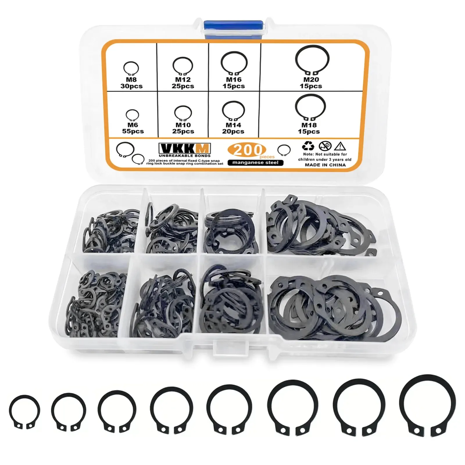 200Pcs Clasp Store Category Manganese Steel External Clasp Clasp Fixed Clasp Set,8 Sizes, Suitable For Mechanical Maintenance