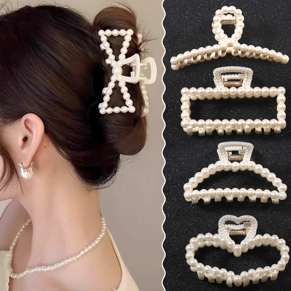 

8cm White Faux Pearl Hair Claws Non-Slip Strong Holder Geometric Shark Jaw Crab For Thick Long Hair Women Girls Summer Headwear