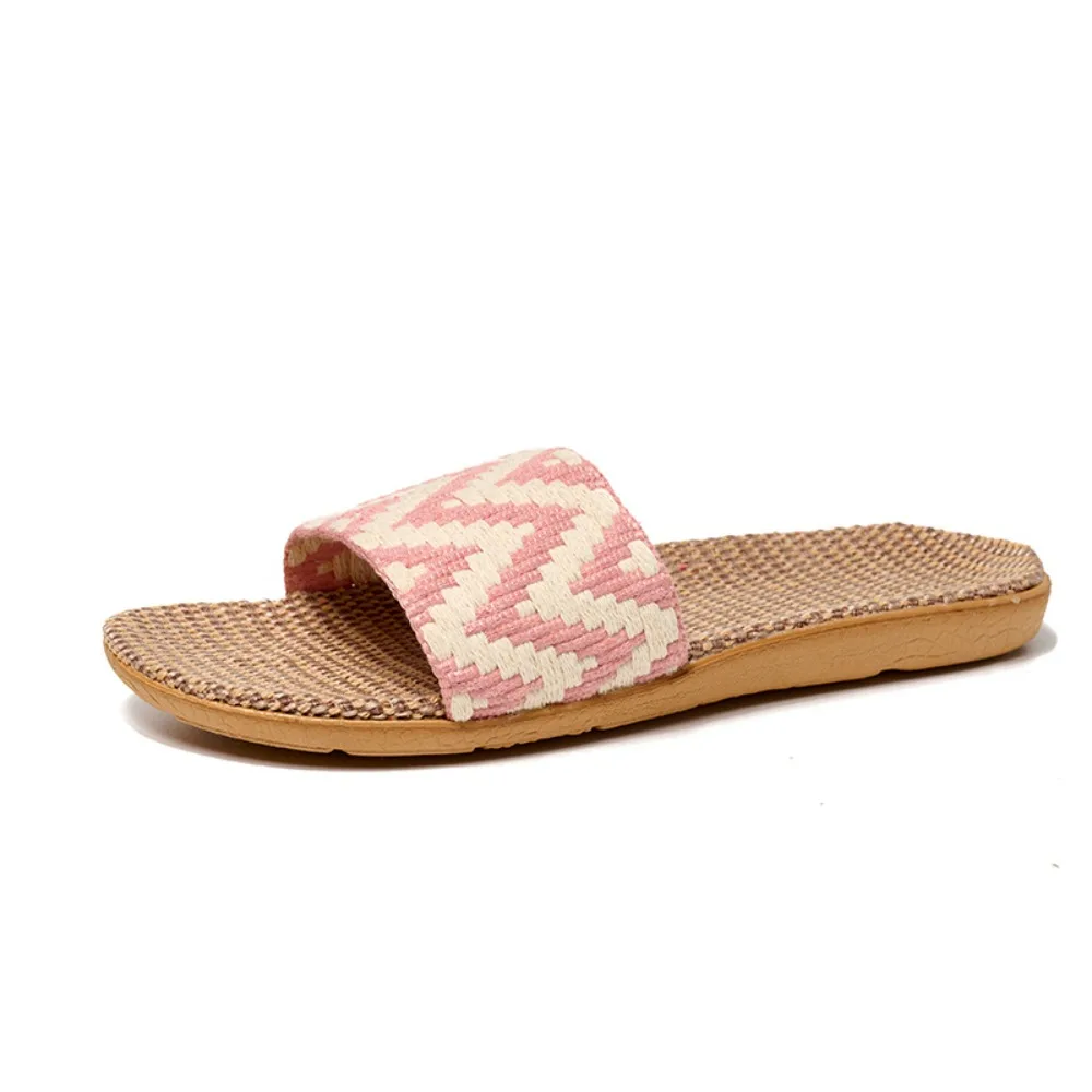 

Fashion Ethnic Style Linen Stripe Slippers Non-Slip Soft Flax Slides Sandals Shoes Sweat Absorption Slipper Women Men Indoor
