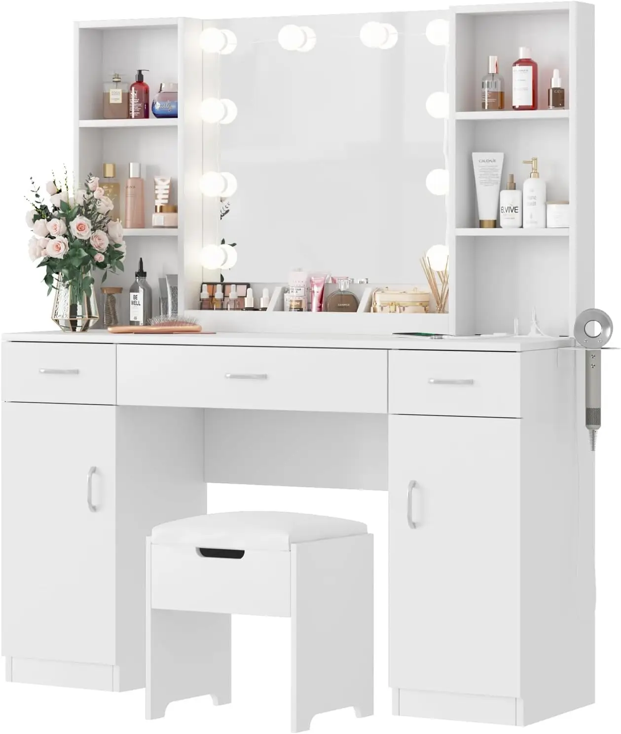 Large Vanity Set for Bedroom with Lighted Mirror, Power Strip, 3 Lighting Modes, Brightness Adjustable, 45.2in(L)
