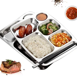 Stainless Steel Rectangular Divided Dinner Tray, 6 Sections Stainless steel Metal Plate for Adults, Campers, and Portion Control