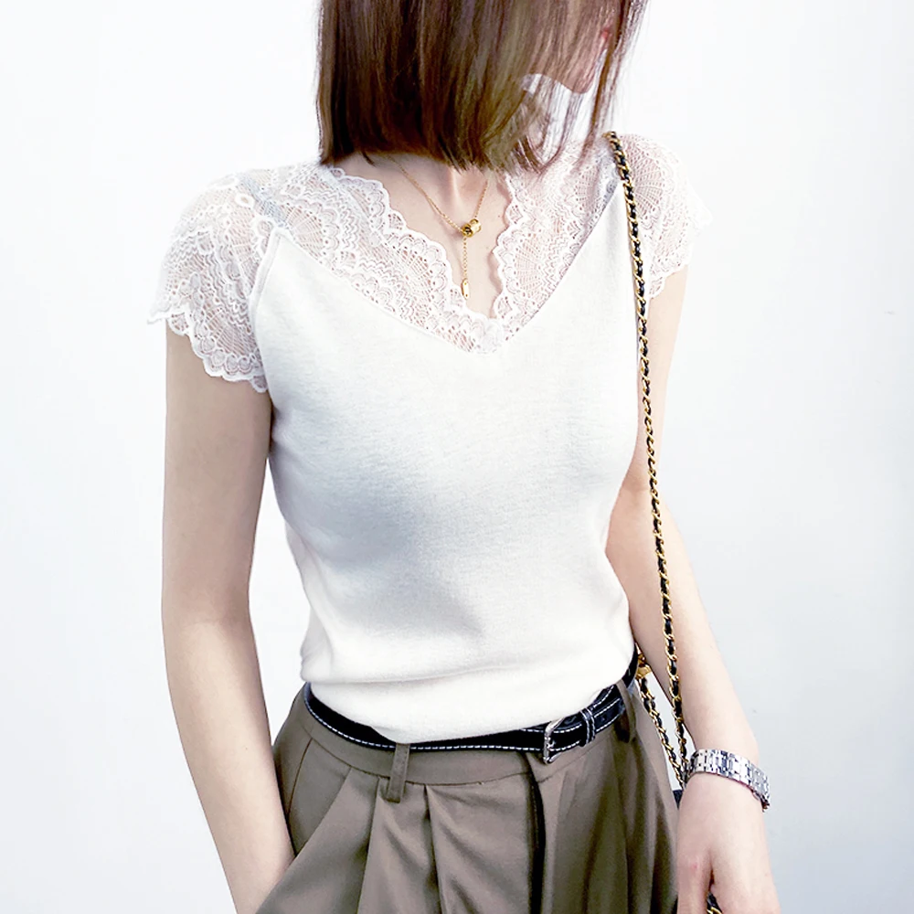 

Women Floral Lace Collar T Shirt Blouse Short Sleeve Tops S-3XL Panel Knitting Elastic Shirt Office Ladies Blouses Black White