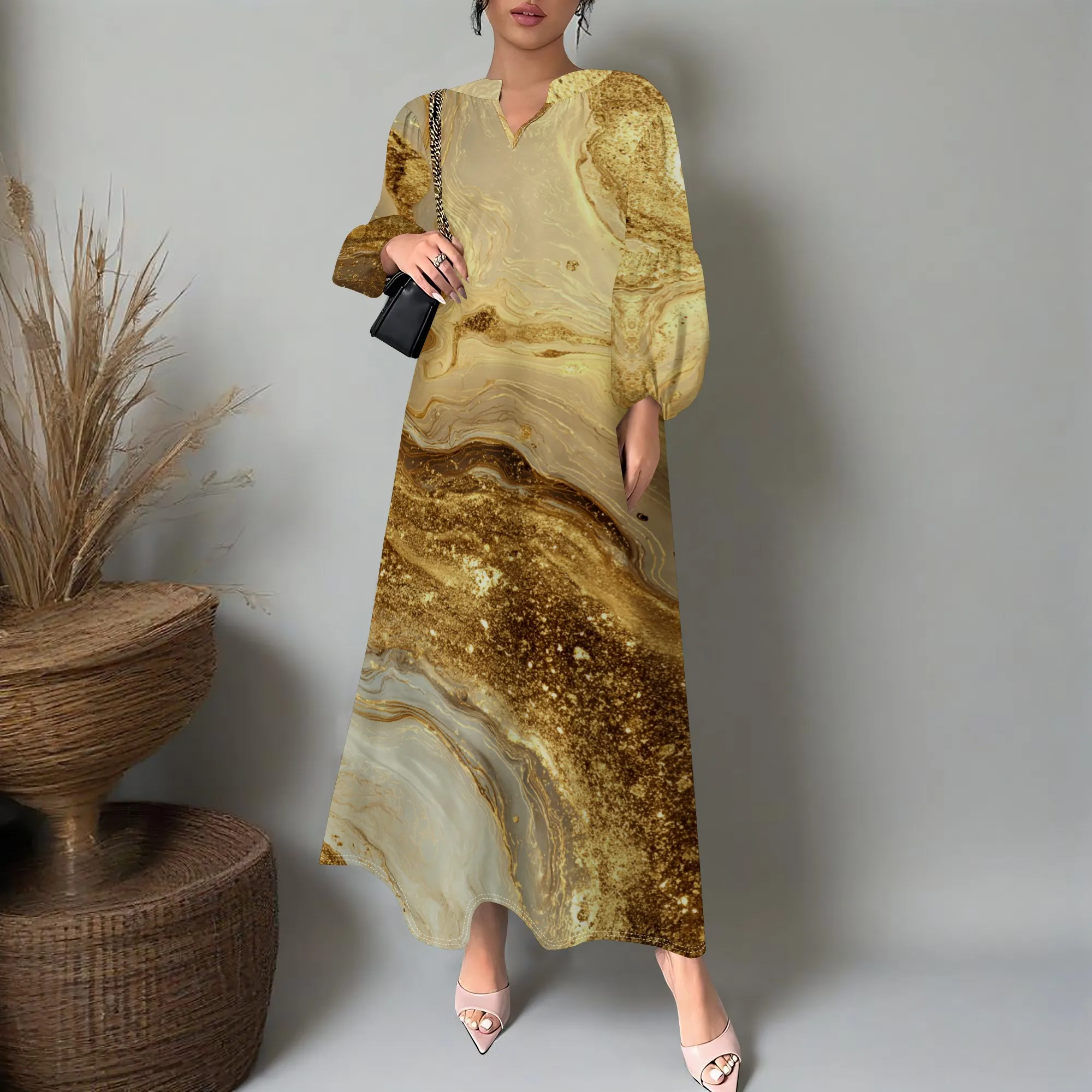 

Women’s Marble Print Long Sleeve Maxi Dress Elegant V Neck Loose Fit Autumn Winter Party Gown XS-3XL