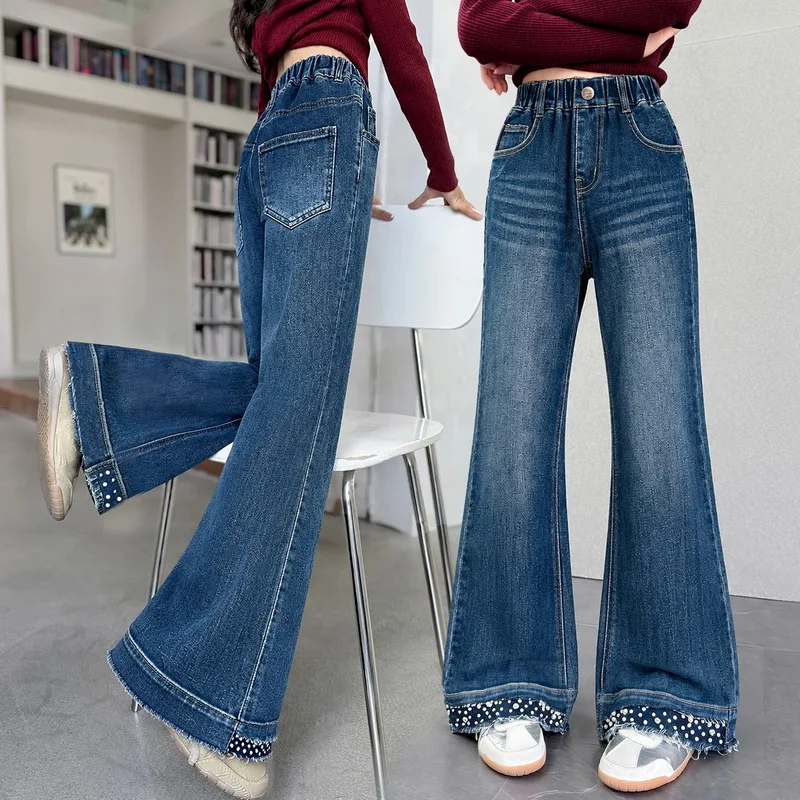 Child Kids Spring Autumn Flared Jeans Bootcut Trousers with Rhinestone for Teen Girls Fashion High Waist Bell Bottom Denim Pants