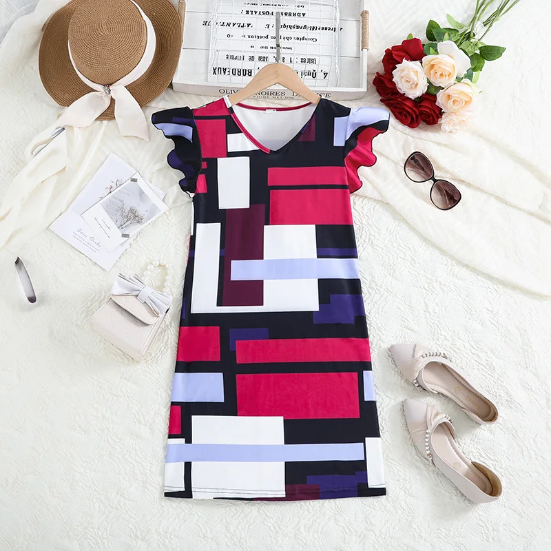 Color Block Geometric Print Dress for Girls 8-12Y, Ruffle Cap Sleeve V Neck Kids Summer Dress, Casual Daily Wear Girls Outfit