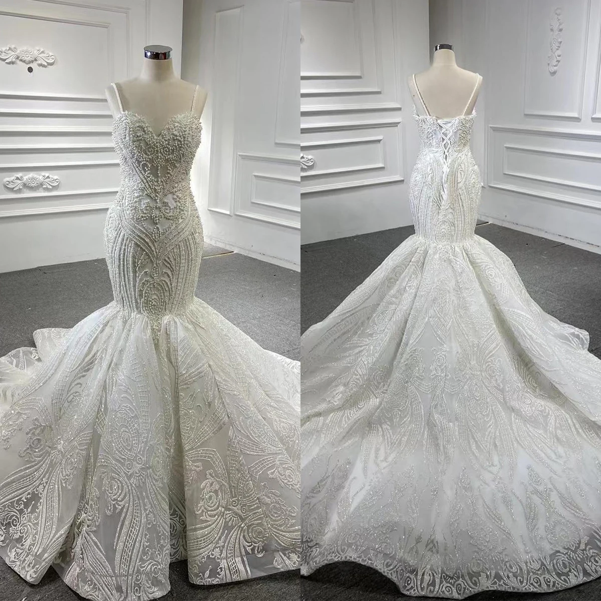 

Luxury Mermaid Women Wedding Dress Spaghetti Strap Sweetheart Pearls Appliques Bridal Gown Slim Fit Backless Organza Dresses