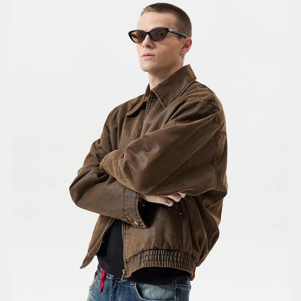 Oil Wax Leather Cargo Motorcycle Jacket Men Streetwear Fashion High-end Loose Casual Short Bomber Jacket Spring Autumn Coat